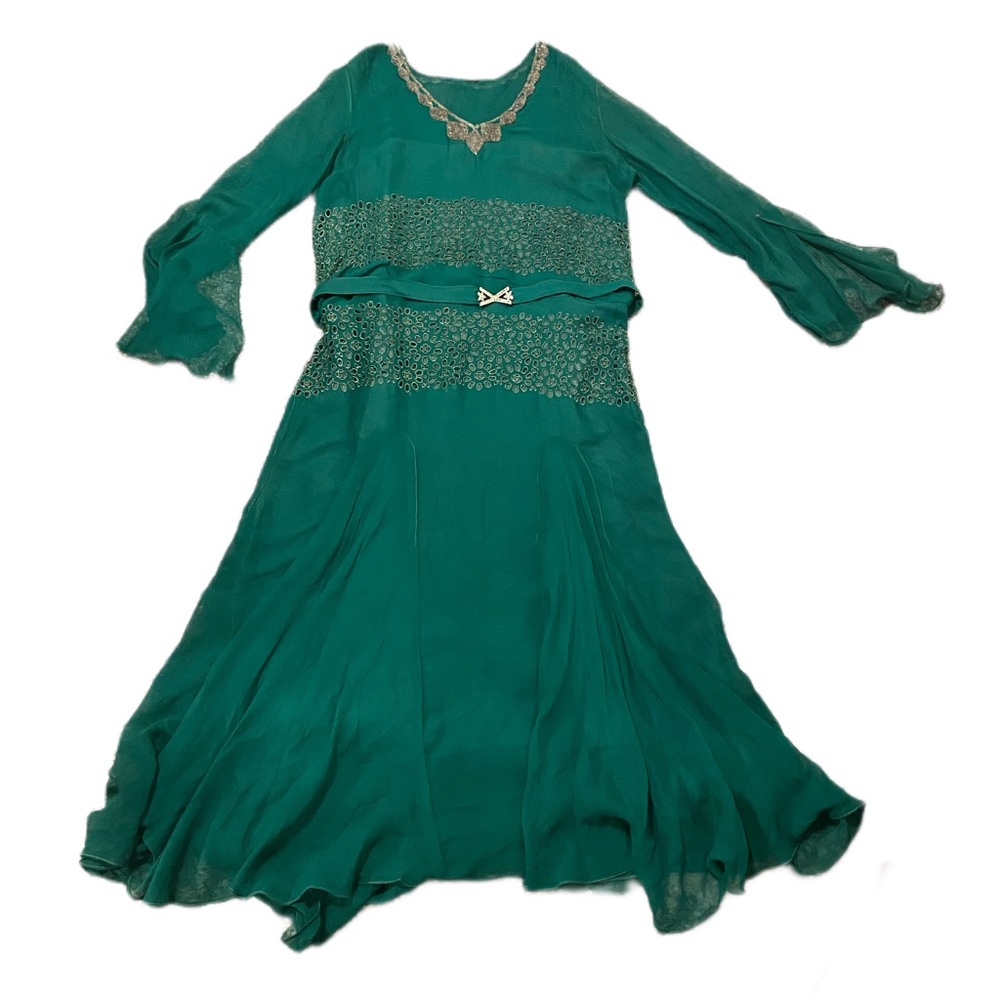 Green Chiffon Dress Beaded Neckline With Deco Design